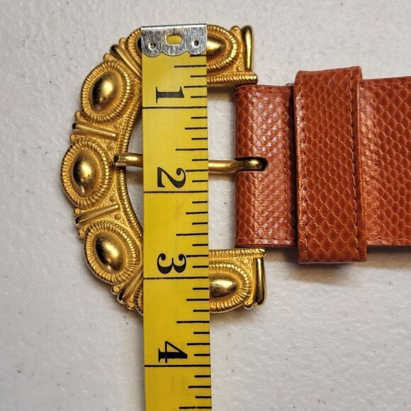 Emmanuel Vintage Oversized Gold Buckle and Deep Coral Lizard Embossed Belt main image 7